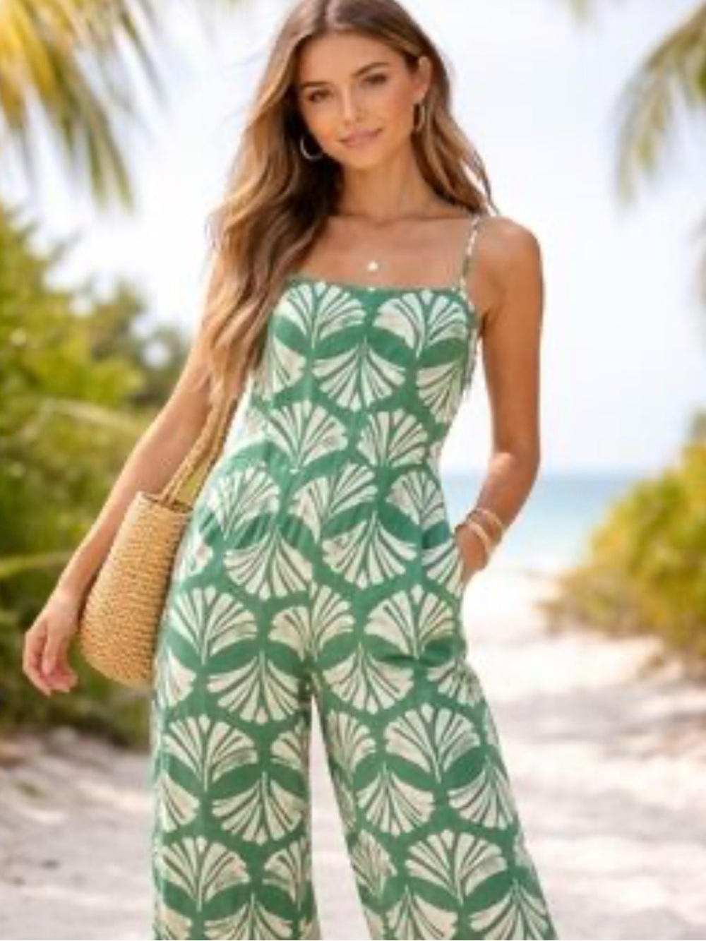 Monteau Green and Cream Printed Wide-Leg Jumpsuit